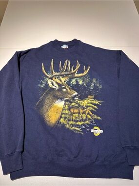 Hanes Navy Crewneck Sweater with Yellow Deer Graphic